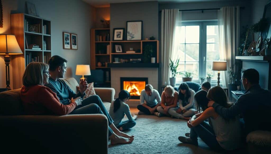 A warm, cozy living room with a group of people gathered around, embracing and supporting each other during difficult times. Soft, diffused lighting from lamps and a fireplace creates a comforting atmosphere. In the foreground, two friends are seated on a plush couch, their hands clasped as they offer words of encouragement. In the middle ground, a circle of people sit on the floor, heads bowed in contemplation, drawing strength from each other's presence. The background features bookshelves, plants, and personal mementos, suggesting a safe, nurturing environment. The overall scene conveys a sense of community, empathy, and the power of human connection to provide comfort and hope.
