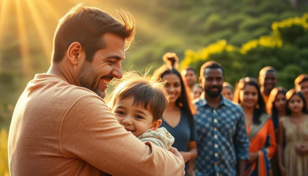 A warm, golden light illuminates a serene family scene. In the foreground, a loving parent embraces a child, their faces radiating joy and belonging. In the middle ground, a group of diverse individuals gather, their expressions reflecting a sense of community and shared identity. The background depicts a lush, verdant landscape, symbolizing the promise of new life and abundant blessings. The overall atmosphere conveys a profound sense of kinship, security, and the transformative power of divine adoption.