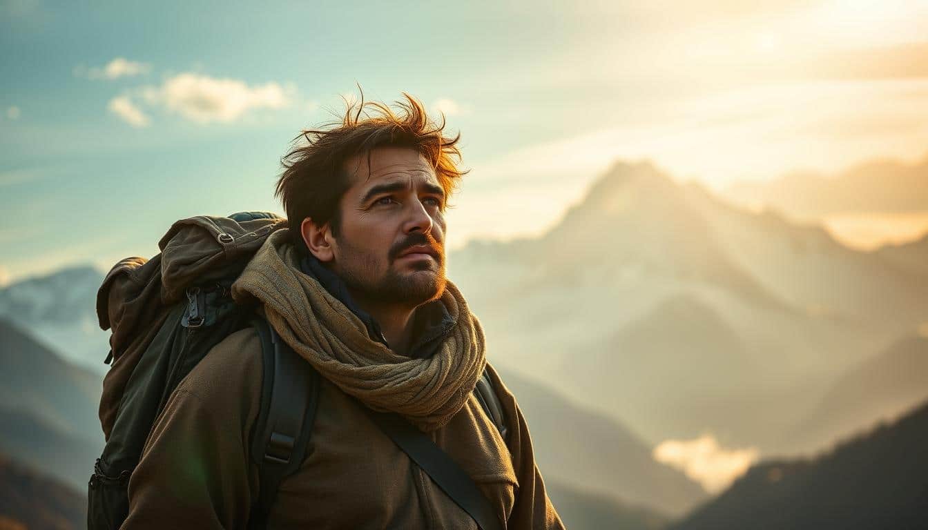 A weary traveler stands resolute, their shoulders bearing the weight of their burdens. Soft, golden light cascades from above, illuminating their determined gaze and casting a warm, comforting glow. In the background, a majestic, snow-capped mountain range stands tall, a symbol of the strength and resilience that the traveler must draw upon. The scene is framed by a serene, misty landscape, hinting at the journey's challenges yet to come. This image conveys the triumph of the human spirit, the ability to find courage in the face of adversity, and the solace that can be found in the grandeur of nature.