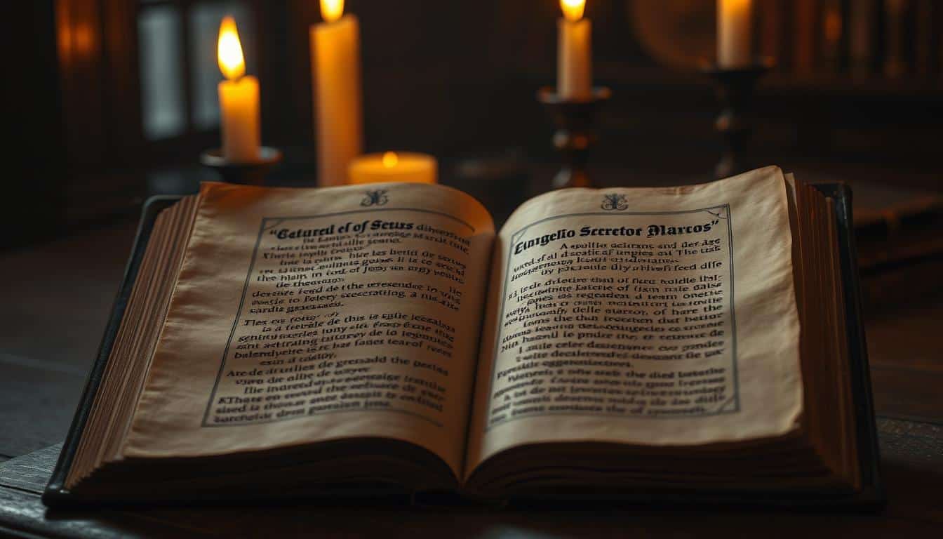 A weathered, ancient manuscript lies open, its delicate parchment pages revealing mysterious text in a dim, candlelit chamber. Ornate calligraphic script in a forgotten language flows across the page, hinting at the hidden wisdom of the "Evangelio Secreto de Marcos" - the Secret Gospel of Mark. Soft, golden light bathes the scene, casting a reverent, contemplative atmosphere. The book's fragile, time-worn binding and antique setting suggest the profound, esoteric knowledge it contains - the lost message of Jesus, long buried, now waiting to be rediscovered.