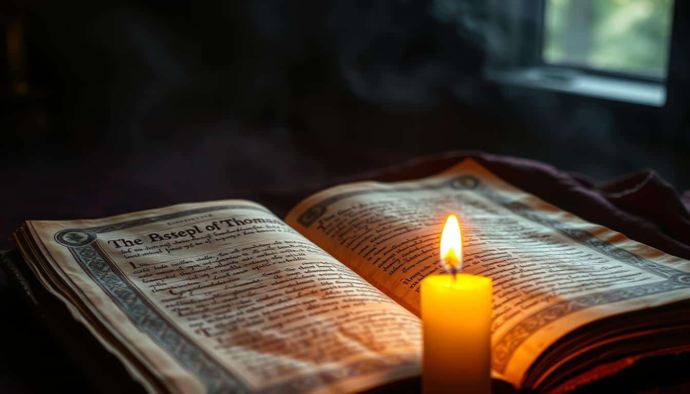 A weathered, ancient manuscript lies open, its parchment pages filled with ornate, calligraphic script. The manuscript's cover is adorned with intricate, gold-leaf patterns, evoking the sacred and mysterious nature of the "Gospel of Thomas." In the foreground, a single, glowing candle casts a warm, reverent light across the pages, hinting at the profound spiritual wisdom contained within. The background is shrouded in a hazy, atmospheric darkness, heightening the sense of the esoteric and the divine. A subtle, ethereal glow emanates from the manuscript, as if it holds the secrets of Jesus' lost teachings. The overall mood is one of reverence, contemplation, and the unveiling of hidden knowledge.