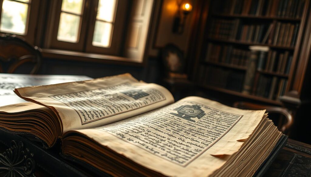 A weathered ancient manuscript, the "Manuscrito de Akhmim," lies open on a ornate wooden table. Soft, warm lighting from a nearby window illuminates the delicate parchment, revealing intricate calligraphic text and faded illustrations. The manuscript's binding and edges bear the marks of time, hinting at its storied history. In the background, a dimly lit library or study evokes a sense of scholarly contemplation, with shadowy bookshelves lining the walls. The overall atmosphere is one of reverence and the unearthing of a precious historical document, setting the stage for the narrative of the Gospel of Peter and its transmission through the ages. A weathered ancient manuscript, the "Manuscrito de Akhmim," lies open on a ornate wooden table. Soft, warm lighting from a nearby window illuminates the delicate parchment, revealing intricate calligraphic text and faded illustrations. The manuscript's binding and edges bear the marks of time, hinting at its storied history. In the background, a dimly lit library or study evokes a sense of scholarly contemplation, with shadowy bookshelves lining the walls. The overall atmosphere is one of reverence and the unearthing of a precious historical document, setting the stage for the narrative of the Gospel of Peter and its transmission through the ages.