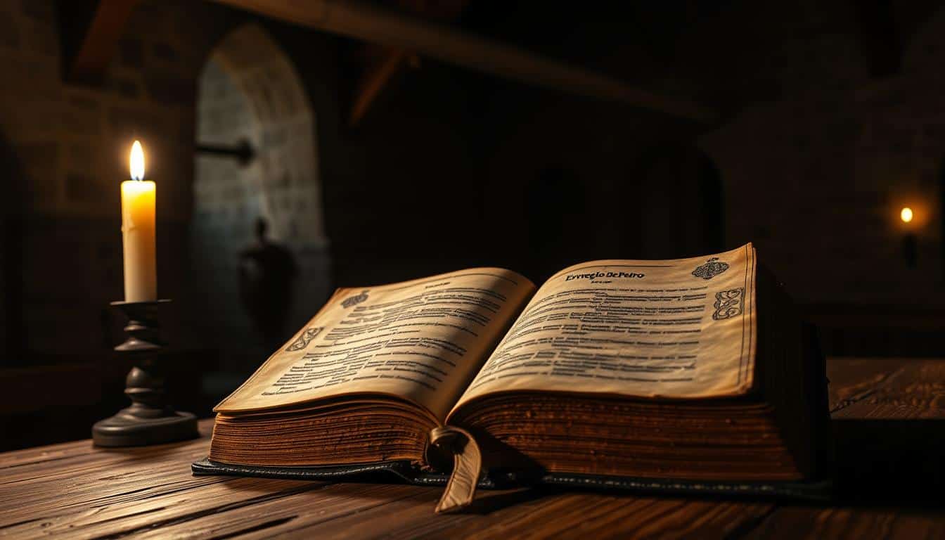 A weathered, leather-bound book titled "Evangelio de Pedro" rests on an ancient wooden table, its pages illuminated by the soft glow of a candle. In the background, a dimly lit chamber with stone walls and a vaulted ceiling evokes a sense of reverence and history. Shadows dance across the scene, adding depth and mystery. The book's cover is adorned with intricate symbols and scriptures, hinting at the sacred knowledge it contains. The angle is slightly elevated, casting a warm, contemplative mood over the entire composition.
