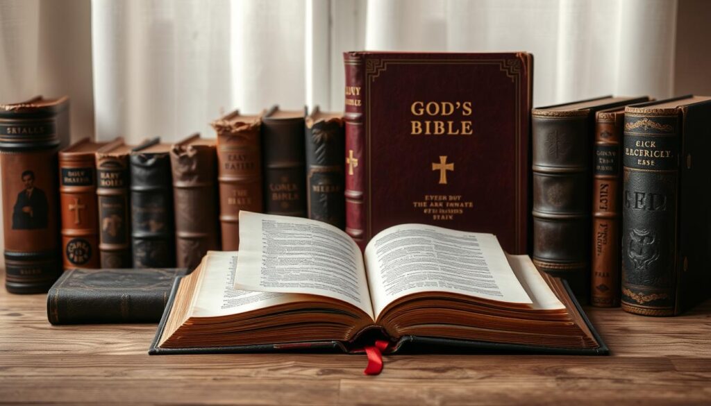 An assortment of well-worn, leather-bound Bibles in varying shades of brown and burgundy, arranged artfully against a backdrop of soft, diffused natural light. The tomes are set atop a wooden surface, their pages slightly parted, revealing the intricate typography and gilded accents that lend an air of timeless reverence. The scene exudes a sense of tranquility and contemplation, inviting the viewer to immerse themselves in the wisdom and guidance of God's Word.