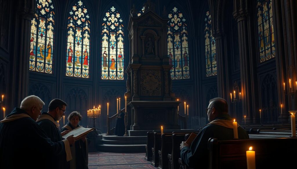 Detailed scene of Nazarene theology: a dimly lit cathedral interior with ornate stained glass windows casting a warm, reverent glow. In the foreground, a group of scholars in robes pore over ancient scrolls and manuscripts, deep in discussion. The middle ground features a towering stone pulpit, intricate carvings adorning its sides. In the background, rows of wooden pews suggest a space for contemplation and prayer. Soft candlelight flickers, creating an atmosphere of contemplation and spiritual illumination. A sense of reverence and timeless wisdom permeates the scene. Detailed scene of Nazarene theology: a dimly lit cathedral interior with ornate stained glass windows casting a warm, reverent glow. In the foreground, a group of scholars in robes pore over ancient scrolls and manuscripts, deep in discussion. The middle ground features a towering stone pulpit, intricate carvings adorning its sides. In the background, rows of wooden pews suggest a space for contemplation and prayer. Soft candlelight flickers, creating an atmosphere of contemplation and spiritual illumination. A sense of reverence and timeless wisdom permeates the scene.