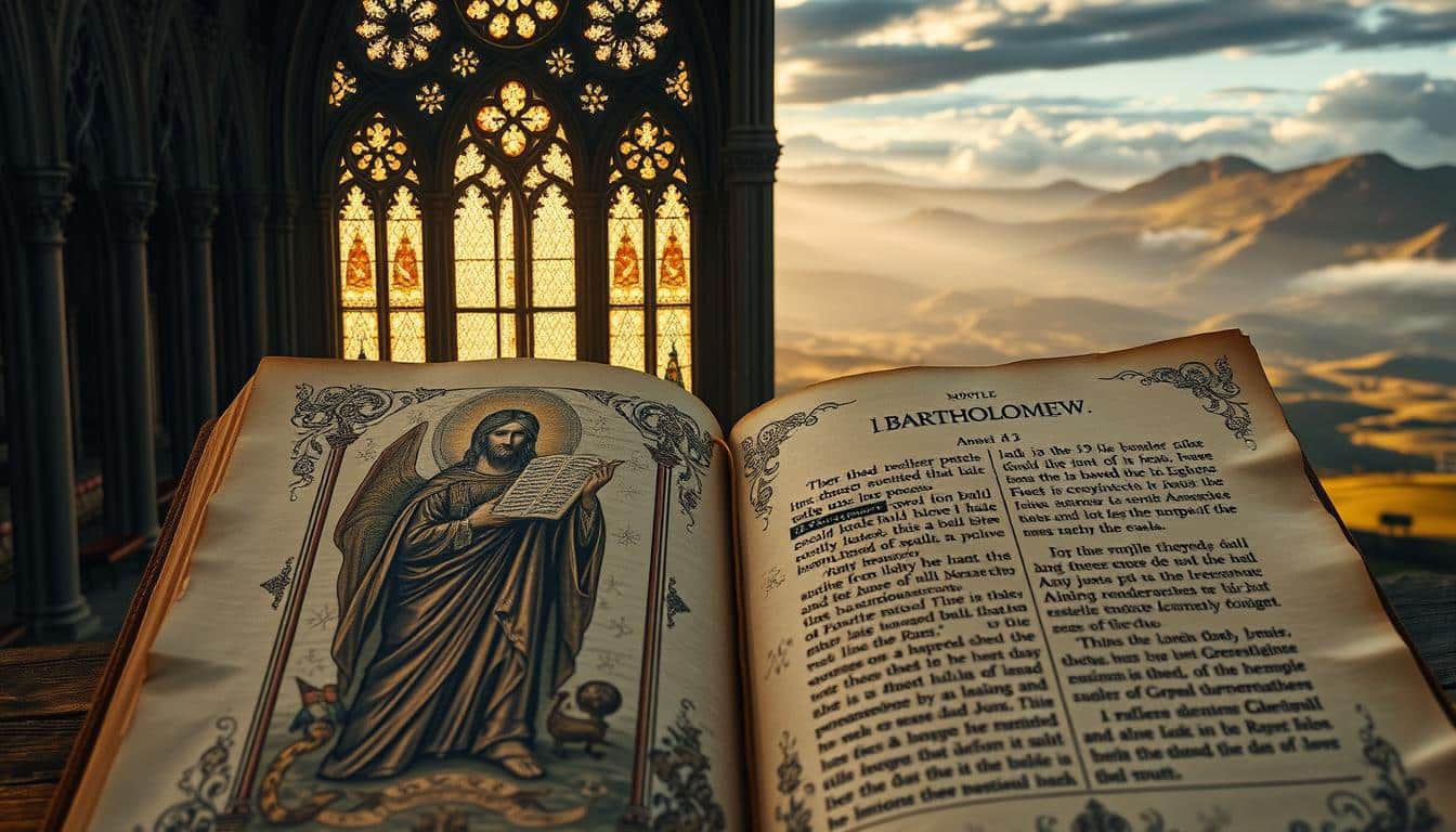 Dramatic parchment manuscript with ornate illuminated text and intricate religious imagery. In the foreground, a majestic depiction of the Apostle Bartholomew holding a sacred text, surrounded by celestial imagery and symbolic motifs. The middle ground features ornate Gothic architecture with soaring arches and stained glass windows, casting a warm, reverent glow. In the background, a mystical landscape of rolling hills and distant mountains shrouded in an ethereal mist. The overall composition conveys a sense of antiquity, devotion, and the divine mysteries of the Gospel of Bartholomew.