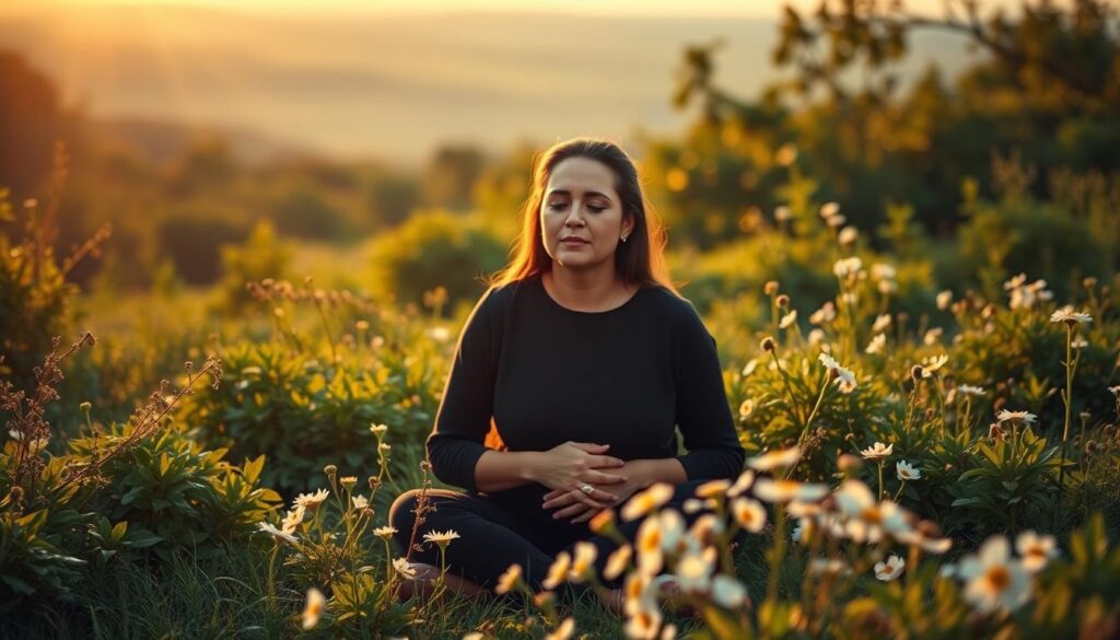 Emotional healing after trauma: a serene landscape bathed in soft golden light, with a figure sitting peacefully amidst the natural beauty. Lush greenery surrounds them, with delicate flowers in the foreground. The figure's expression is one of tranquility and inner strength, their hands resting gently in their lap. In the background, a distant horizon signifies a sense of hope and new beginnings. The scene evokes a sense of sanctuary, where the individual can find solace, restoration, and the courage to move forward. Emotional healing after trauma: a serene landscape bathed in soft golden light, with a figure sitting peacefully amidst the natural beauty. Lush greenery surrounds them, with delicate flowers in the foreground. The figure's expression is one of tranquility and inner strength, their hands resting gently in their lap. In the background, a distant horizon signifies a sense of hope and new beginnings. The scene evokes a sense of sanctuary, where the individual can find solace, restoration, and the courage to move forward.