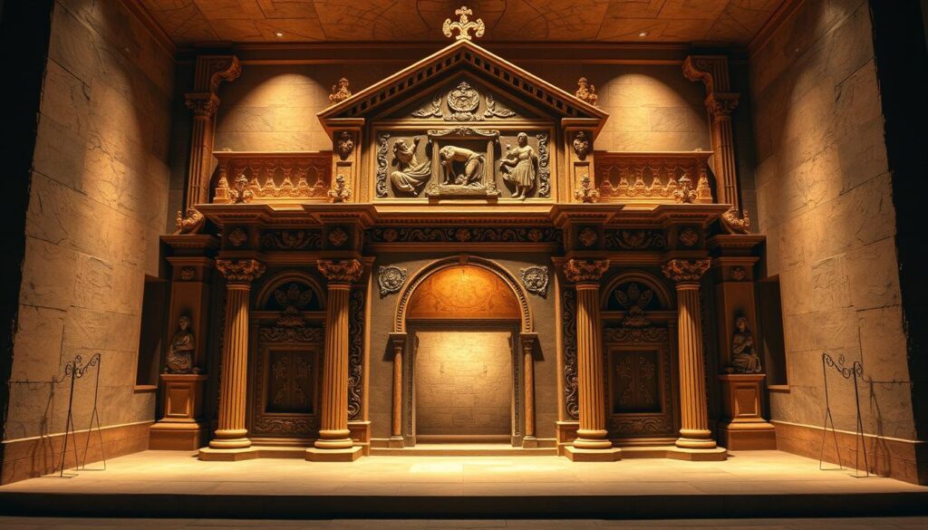 Estructura Evangelio de Felipe: a detailed, intricate architectural structure in the style of early Christian churches, set against a serene, dimly lit interior. The ornate façade features carved columns, arched doorways, and intricate stone carvings depicting biblical motifs. The warm, muted lighting casts a soft, reverent glow, evoking the spiritual atmosphere of a sacred space. The structure's layout and design elements symbolize the teachings and themes of the Gnostic Gospel of Philip, with a sense of mystery and contemplation pervading the scene.