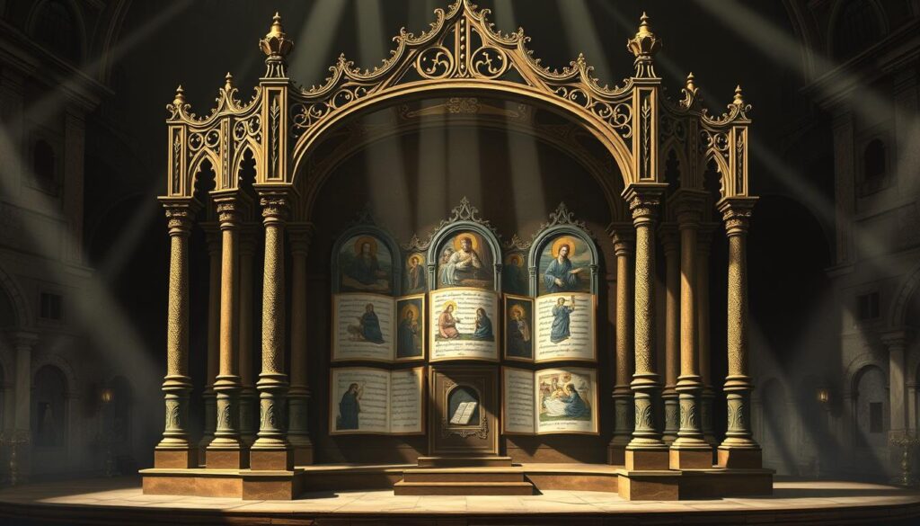 Estructura Evangelio de Nicodemus: a detailed, high-resolution illustration depicting the structure and main parts of the Gospel of Nicodemus. In the foreground, a complex, ornate architectural framework with intricate Gothic-inspired arches and columns, symbolizing the formal structure of the text. In the middle ground, a series of panels or sections, each representing a key narrative element or episode from the gospel, such as the Passion, the Descent into Hell, and the Resurrection. The background features a somber, muted color palette, with hints of religious iconography and illuminated manuscript aesthetics, conveying the sacred and historical nature of the subject matter. Dramatic lighting from multiple angles casts dramatic shadows, heightening the sense of depth and dimensionality. The overall composition should balance elegance, scholarly detail, and a reverent, devotional atmosphere.