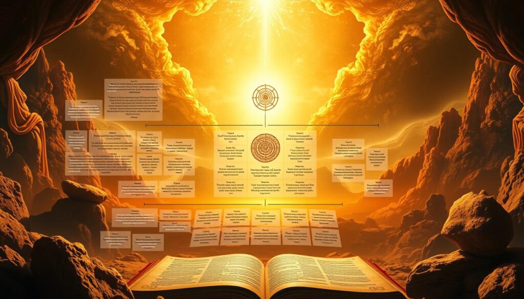 Estructura del Evangelio de Tomás: a detailed, highly realistic digital illustration depicting the literary structure and stylistic elements of the Gospel of Thomas. The foreground showcases the multilayered organization of the text, with individual sayings arranged in a cohesive yet fragmented layout. The middle ground features symbolic representations of the aphoristic, gnostic, and mystical nature of the discourse. In the background, a serene, otherworldly environment sets the contemplative tone, bathed in warm, golden light as if illuminated by an inner spiritual radiance. The composition conveys a sense of ancient wisdom, sacred mystery, and the esoteric nature of these "secret sayings of Jesus".