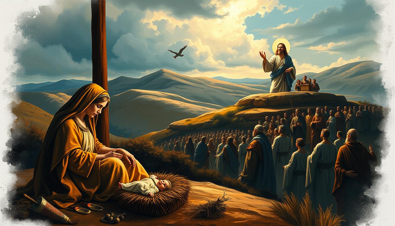 Intricate, oil painting-style illustration depicting the birth and teachings of Jesus from the Gospel of Matthew. In the foreground, the nativity scene with Mary, Joseph, baby Jesus, and adoring shepherds. Soft, warm lighting illuminates the serene figures. In the middle ground, Jesus as an adult, delivering the Sermon on the Mount, surrounded by a crowd of disciples and onlookers. In the background, the rolling hills of Judea under a dramatic, cloudy sky. Subtle religious symbolism and iconography weave throughout the composition. Masterful use of color, texture, and chiaroscuro to evoke a sense of reverence and timelessness.
