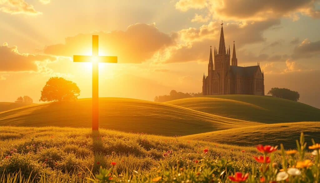 Photorealistic scene of a serene, heavenly landscape bathed in warm, golden light. In the foreground, a glowing cross stands tall, its radiant beams casting a sense of hope and promise. The middle ground features a rolling meadow of lush greenery and vibrant wildflowers, symbolizing the fertile ground of salvation. In the distant background, a magnificent cathedral stands, its towering spires reaching towards the sky, representing the promise of eternal life through faith in Christ. The scene exudes a sense of reverence, tranquility, and the assurance of divine intervention. Photorealistic scene of a serene, heavenly landscape bathed in warm, golden light. In the foreground, a glowing cross stands tall, its radiant beams casting a sense of hope and promise. The middle ground features a rolling meadow of lush greenery and vibrant wildflowers, symbolizing the fertile ground of salvation. In the distant background, a magnificent cathedral stands, its towering spires reaching towards the sky, representing the promise of eternal life through faith in Christ. The scene exudes a sense of reverence, tranquility, and the assurance of divine intervention.