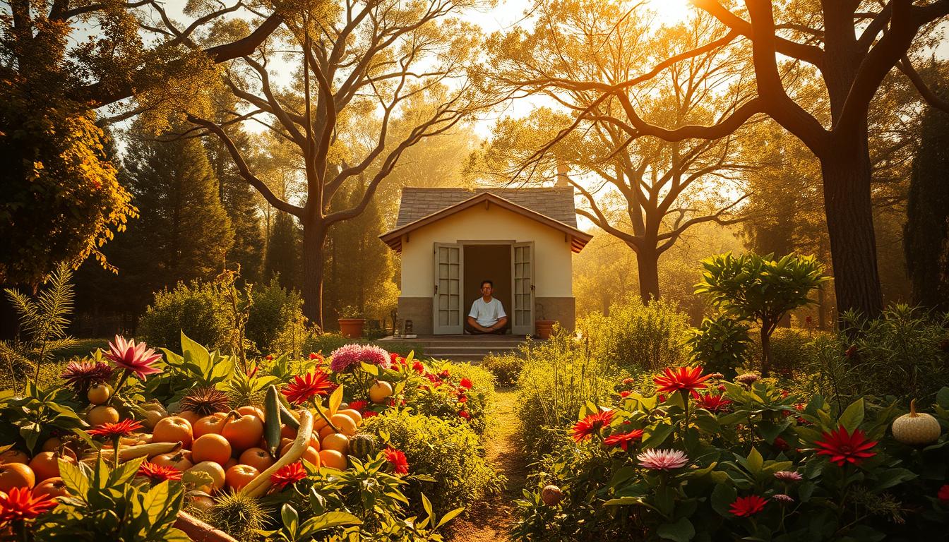 Provisión de las necesidades materiales y espirituales A serene landscape bathed in warm, golden light. In the foreground, a lush garden overflows with a cornucopia of fresh fruits, vegetables, and vibrant flowers. Towering trees line the background, their leaves rustling gently in a soft breeze. In the center, a humble yet elegant dwelling stands, its architecture reflecting a harmonious blend of natural and man-made elements. Through the open doorway, a figure can be seen meditating, their expression one of deep contemplation and inner peace. The overall scene conveys a sense of balance, abundance, and the interconnectedness of the physical and spiritual realms.