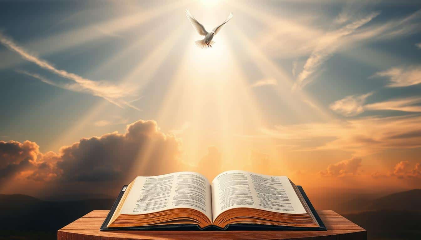 Radiant beams of divine light cascade across a serene landscape, illuminating the path towards eternal wisdom. In the foreground, an open Bible rests on a wooden podium, its pages glowing with ethereal luminescence. Hovering above, the silhouette of a dove - the symbol of the Holy Spirit - guides the viewer towards the transcendent knowledge within. Wispy clouds part to reveal a boundless sky, bathed in a warm, golden glow that infuses the scene with a sense of reverence and enlightenment. Soft, diffused lighting creates an atmosphere of contemplation and spiritual contemplation, inviting the viewer to seek solace and direction through the Word of God and the power of the Spirit.