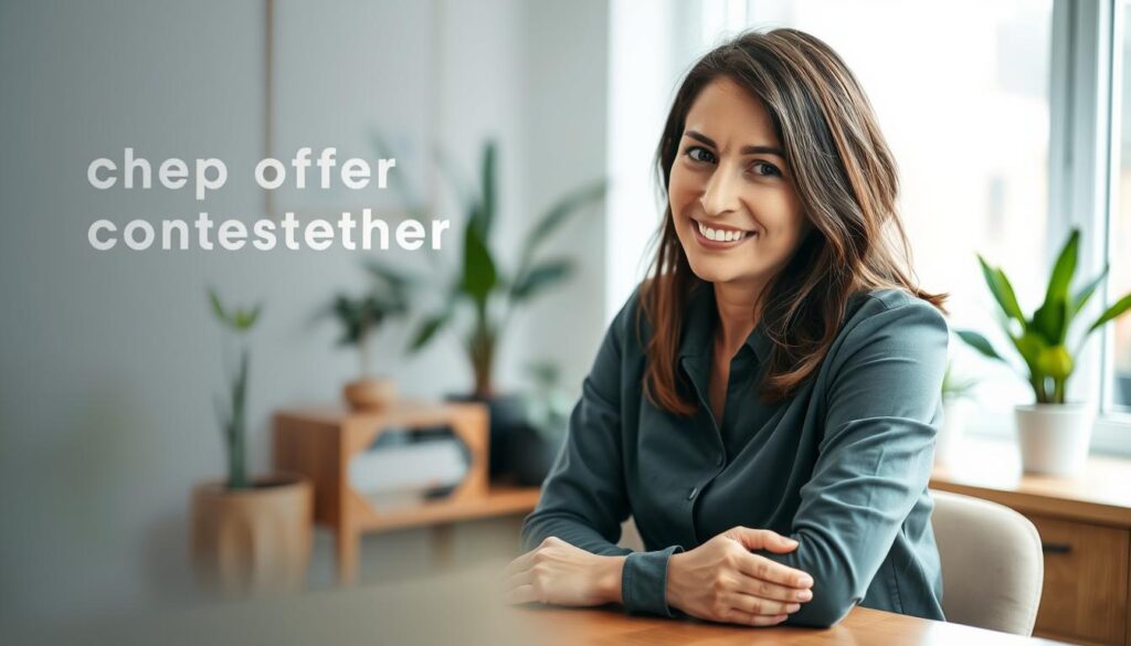a professional and empathetic-looking therapist or counselor sitting at a desk, with a warm and welcoming expression, in a comfortable, well-lit office with plants and calming decor. The therapist is leaning forward, making eye contact, and appears attentive and engaged, ready to listen and provide support. The background is slightly blurred, keeping the focus on the therapist and creating a sense of intimacy and safety. The lighting is soft and natural, evoking a sense of comfort and understanding. The overall mood is one of compassion, trust, and the promise of help during times of need.